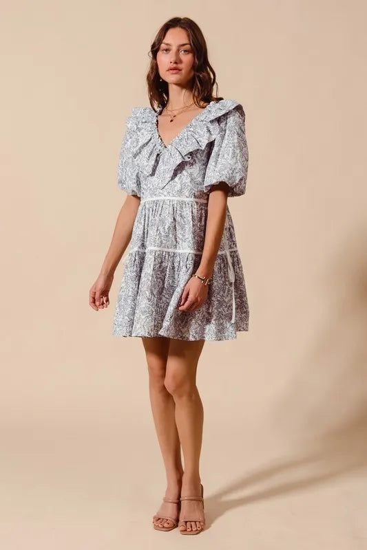 Cotton Printed Ruffle V Neckline Dress with Side Tie in Off White/Navy - product view 10