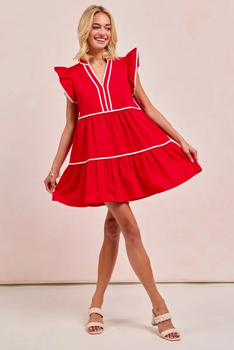 Gameday Theme Contrast Binding Ruffled Dress - Red - product view 7