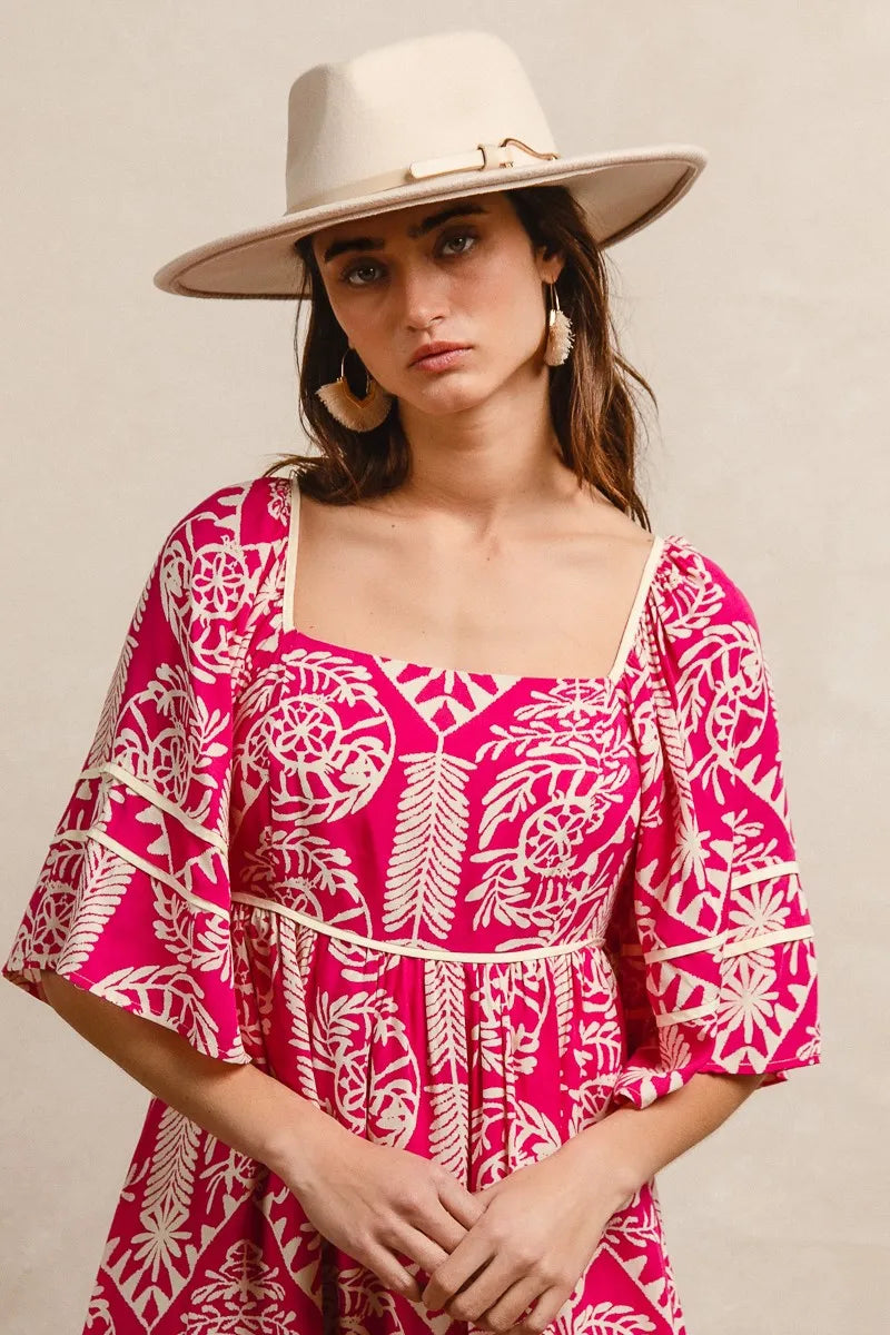 Aztec Woven Printed Contrast Binding Dress in Fuchsia - product view 11