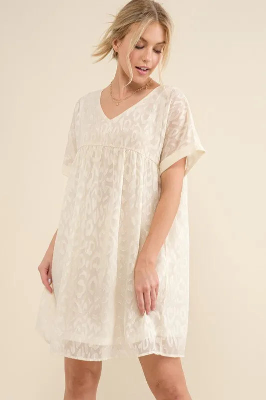 Woven Leopard Baby Doll Roll-Sleeve Casual Dress - White - product view 7