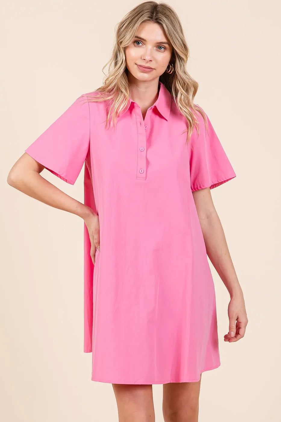 Poplin Collar Pleated Back Mini Dress in Pink - product view 3