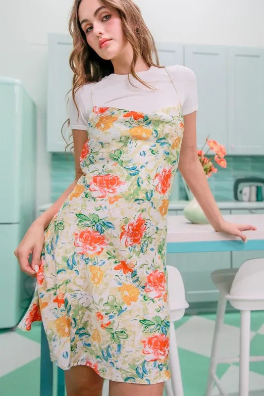 Floral Cowl Neck Flirty Satin Mini Dress - Apple Green - product view 8