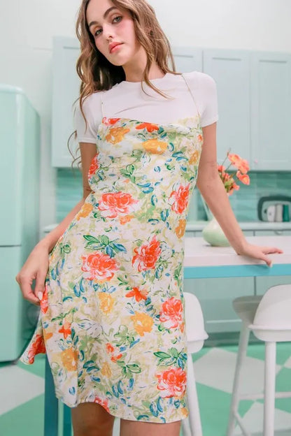 Floral Cowl Neck Flirty Satin Mini Dress - Apple Green - product view 8