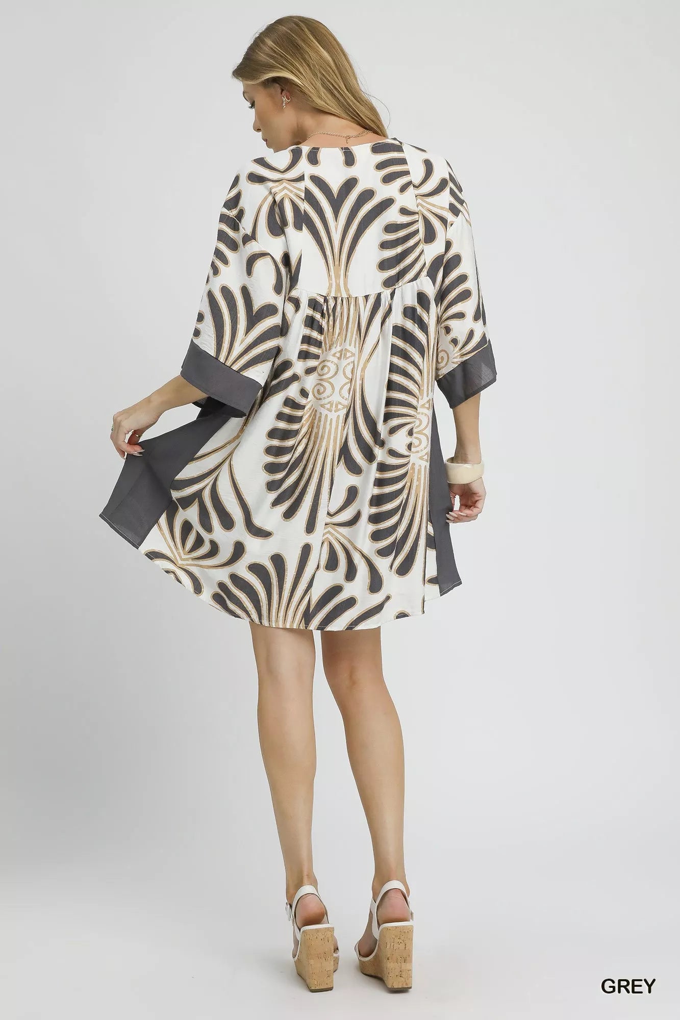 Abstract Print Kimono Sleeve Mini Dress - Grey - product view 4