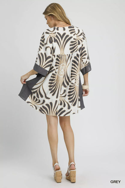 Abstract Print Kimono Sleeve Mini Dress - Grey - product view 4