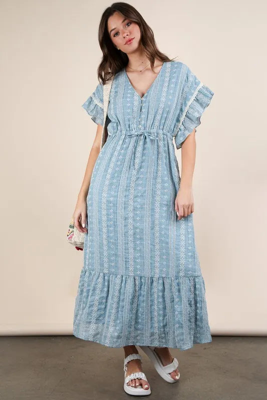 Embroidered Boho Ruffled Midi Dress - Blue - product view 2