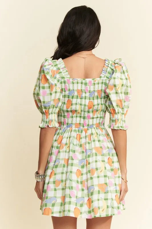 Fruits Printed Smocking Mini Dress - Sage - product view 4