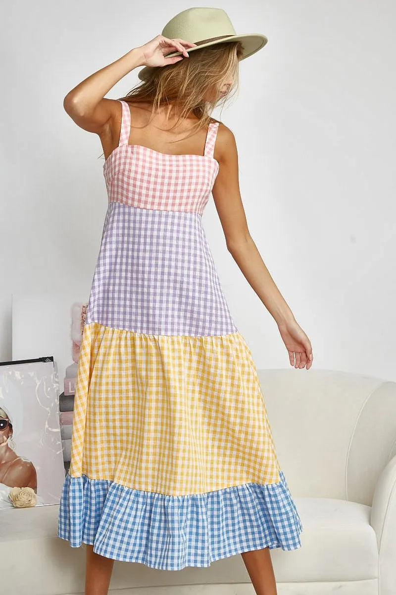 Color Block Tiered Gingham Dress in Yello/Sage/Blue/Purp - product view 9
