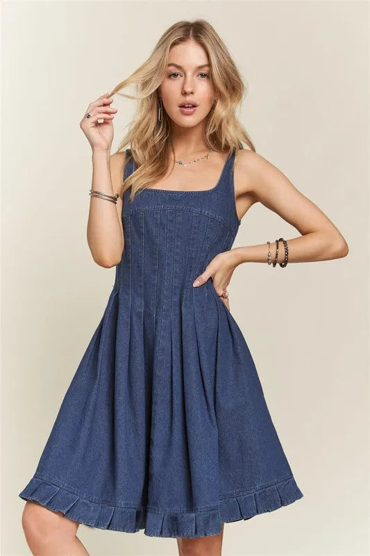 Smocked Back Square Neck Denim Dress in Denim Blue - product view 1