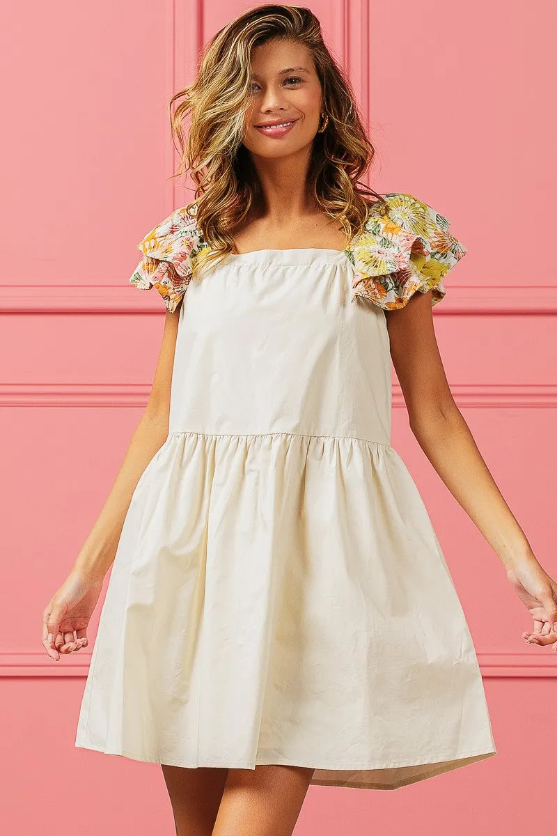 Flower Embroidered Floral Print Sleeve Dress in Oatmeal - product view 6