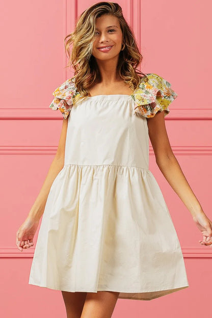 Flower Embroidered Floral Print Sleeve Dress in Oatmeal - product view 6
