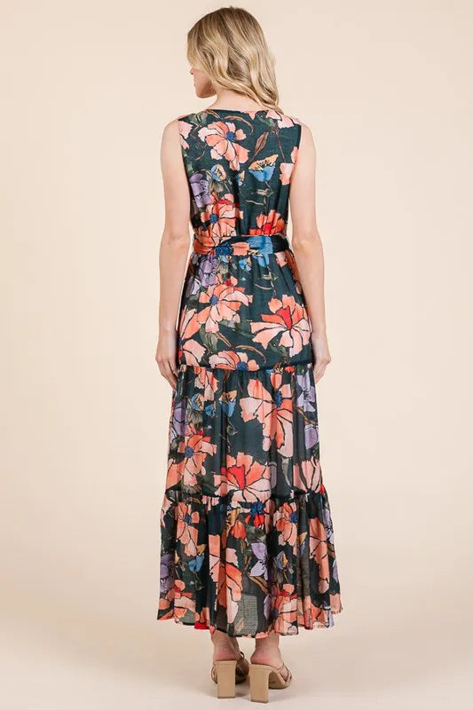 Floral Print Sleeveless Tie Waist Maxi Dress in Multi - product view 3