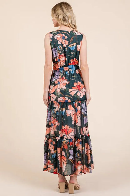 Floral Print Sleeveless Tie Waist Maxi Dress in Multi - product view 3