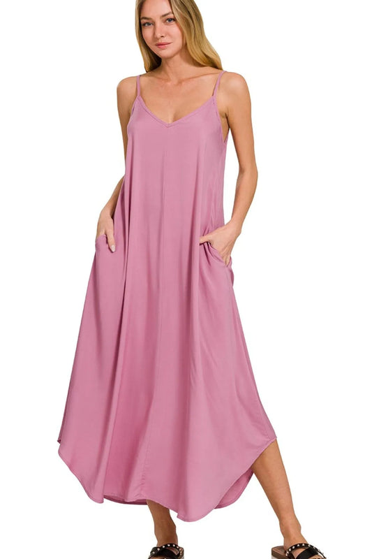 Woven Arc Hem Cami Dress With Flowy Pockets - Lt Rose - product view 1