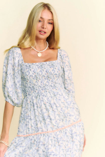 Contrast Ric Smocking Bodice Tiered Midi Dress in Blue - product view 9