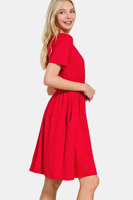 Surplice Short Sleeve Brushed DTY Dress - Red - product view 3