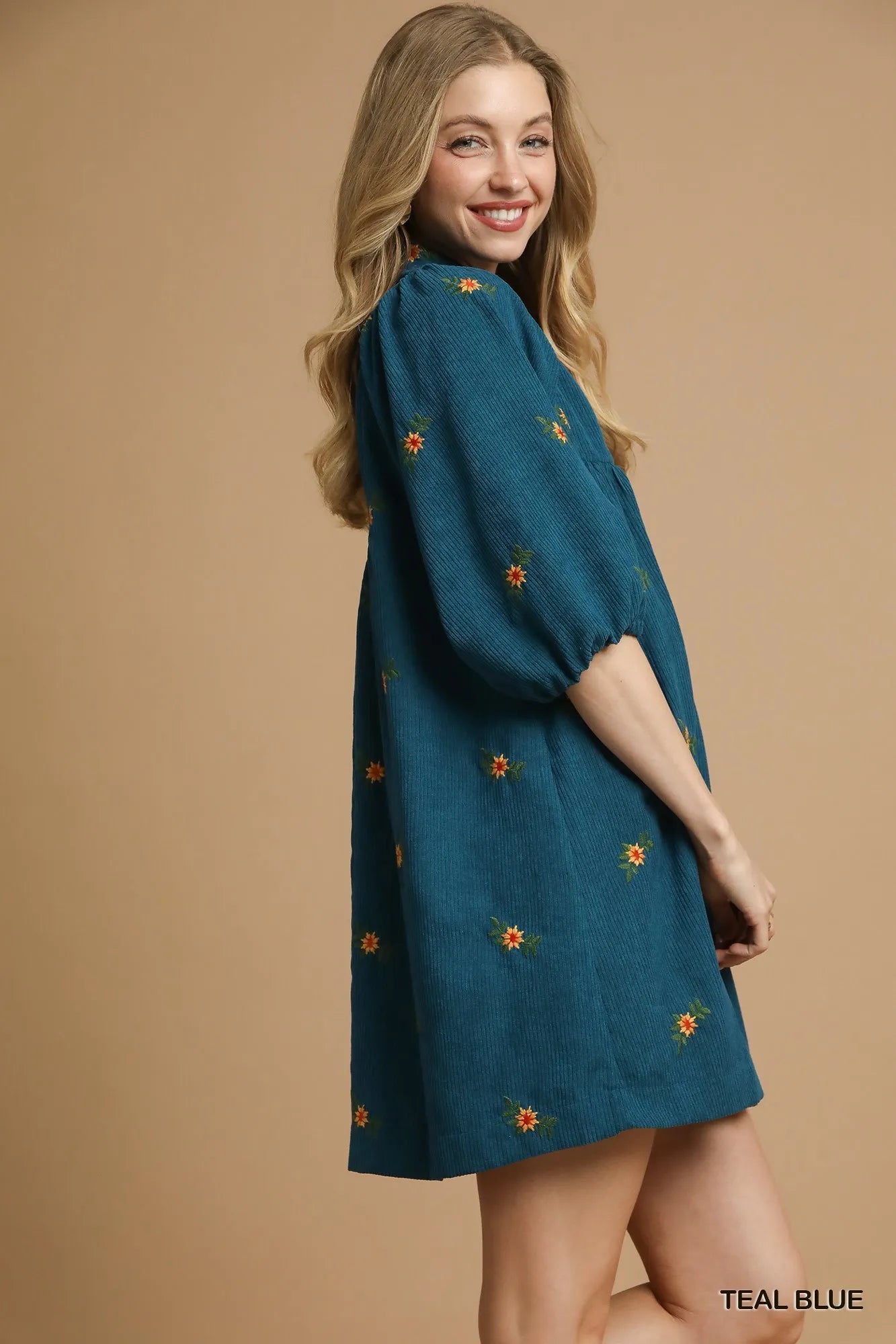 Corduroy Babydoll Dress with Floral Embroidery - Teal Blue - product view 4