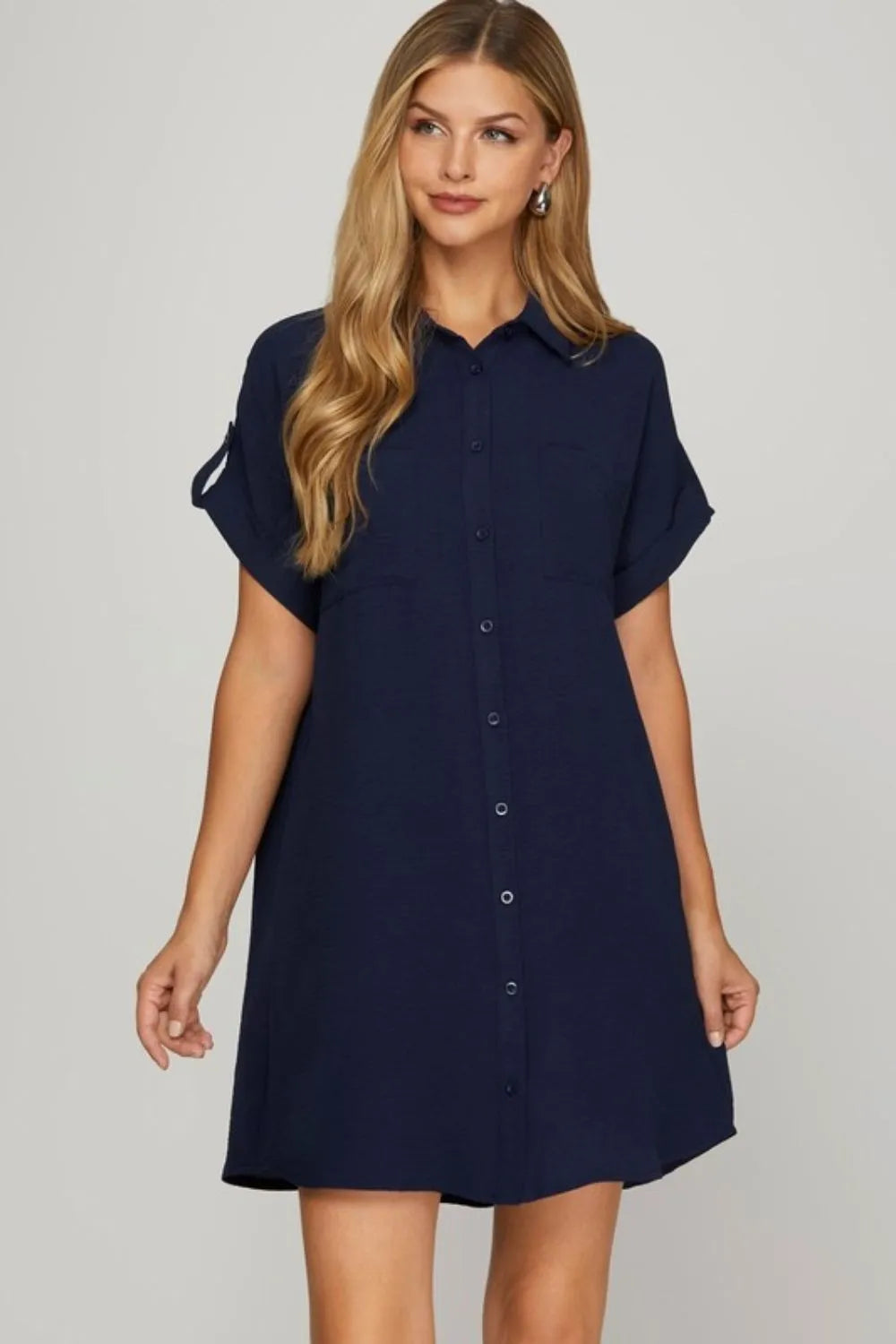 Full Size Button Down Short Sleeve Woven Shirt Dress Plus Size - Dark Navy - product view 1