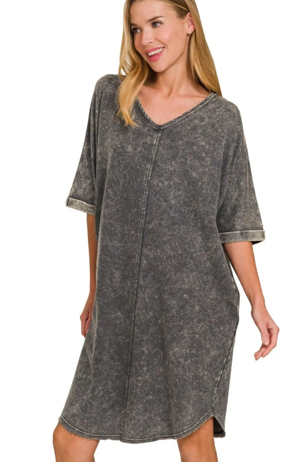 Acid-washed French Terry Tee Shirts Dress - Ash Black - product view 1