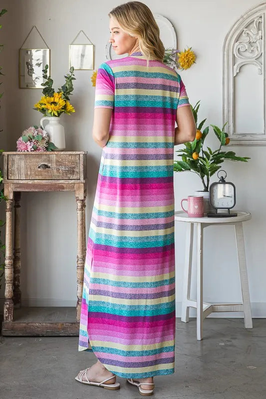 Full Size Striped Short Sleeve Maxi Tee Dress Plus Size in Pink Multi - product view 2