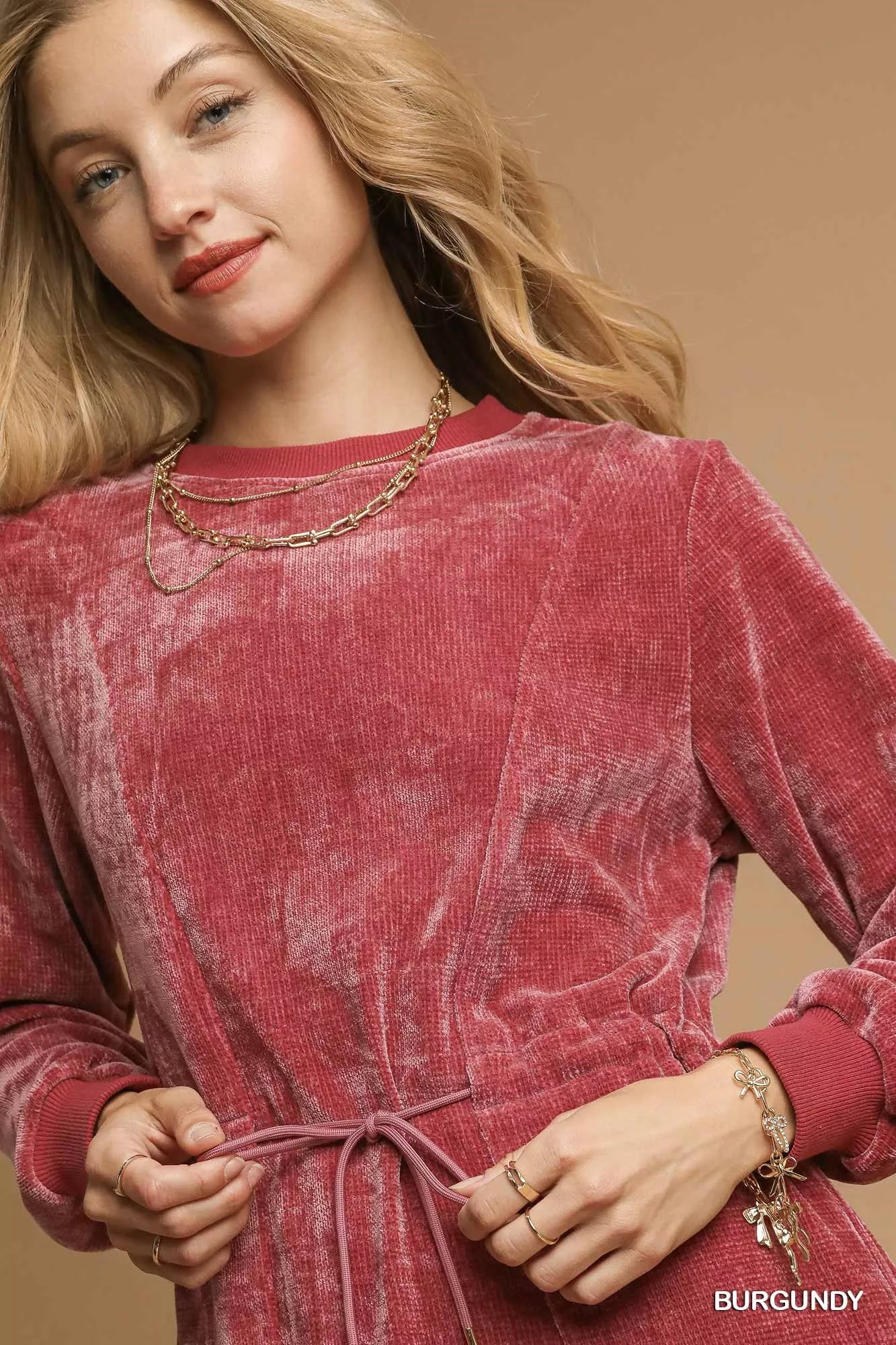 Velour Drawstring Mini Dress with Long Sleeves - Burgundy - product view 6