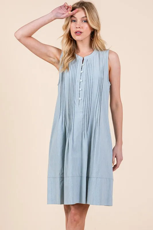 Denim Pintuck Detail Sleeveless Midi Dress in Lt Denim - product view 5