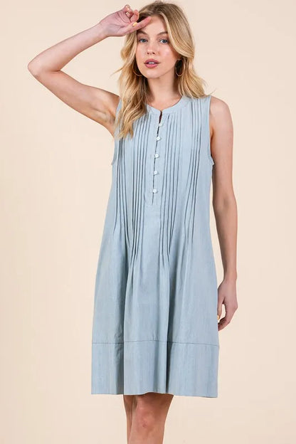 Denim Pintuck Detail Sleeveless Midi Dress in Lt Denim - product view 5