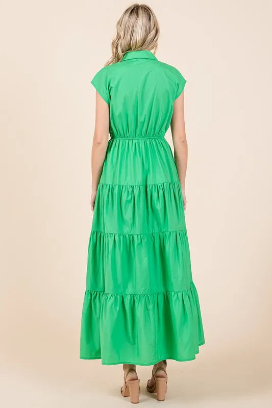 Button Up Collared Tiered Maxi Shirt Dress in Apple Green - product view 5