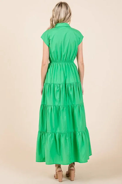 Button Up Collared Tiered Maxi Shirt Dress in Apple Green - product view 5