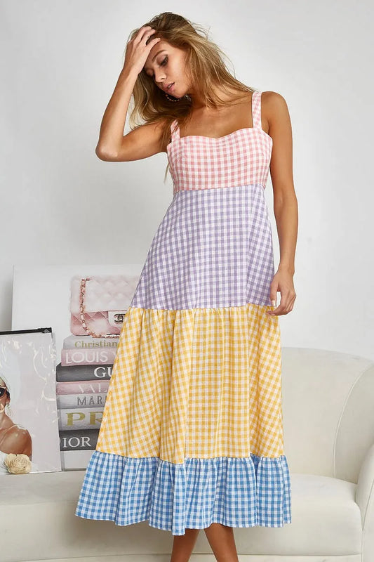 Color Block Tiered Gingham Dress in Yello/Sage/Blue/Purp - product view 2