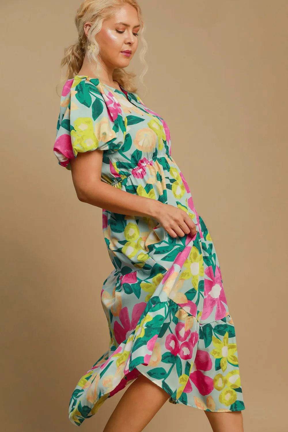 Full Size Tiered Floral Print Notched Puff Sleeve Midi Dress Plus Size - Mintmix - product view 6