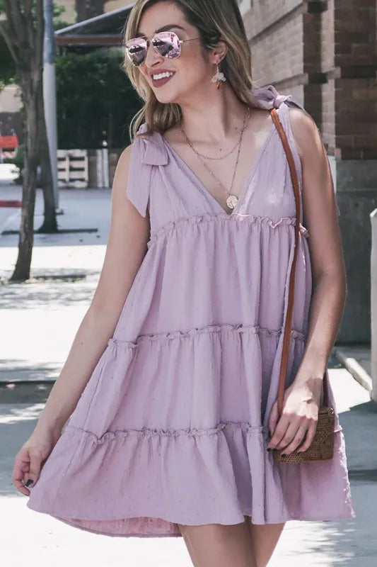 Polka Dot Textured Layered Flounce Ruffle Dress in Lavender - product view 2