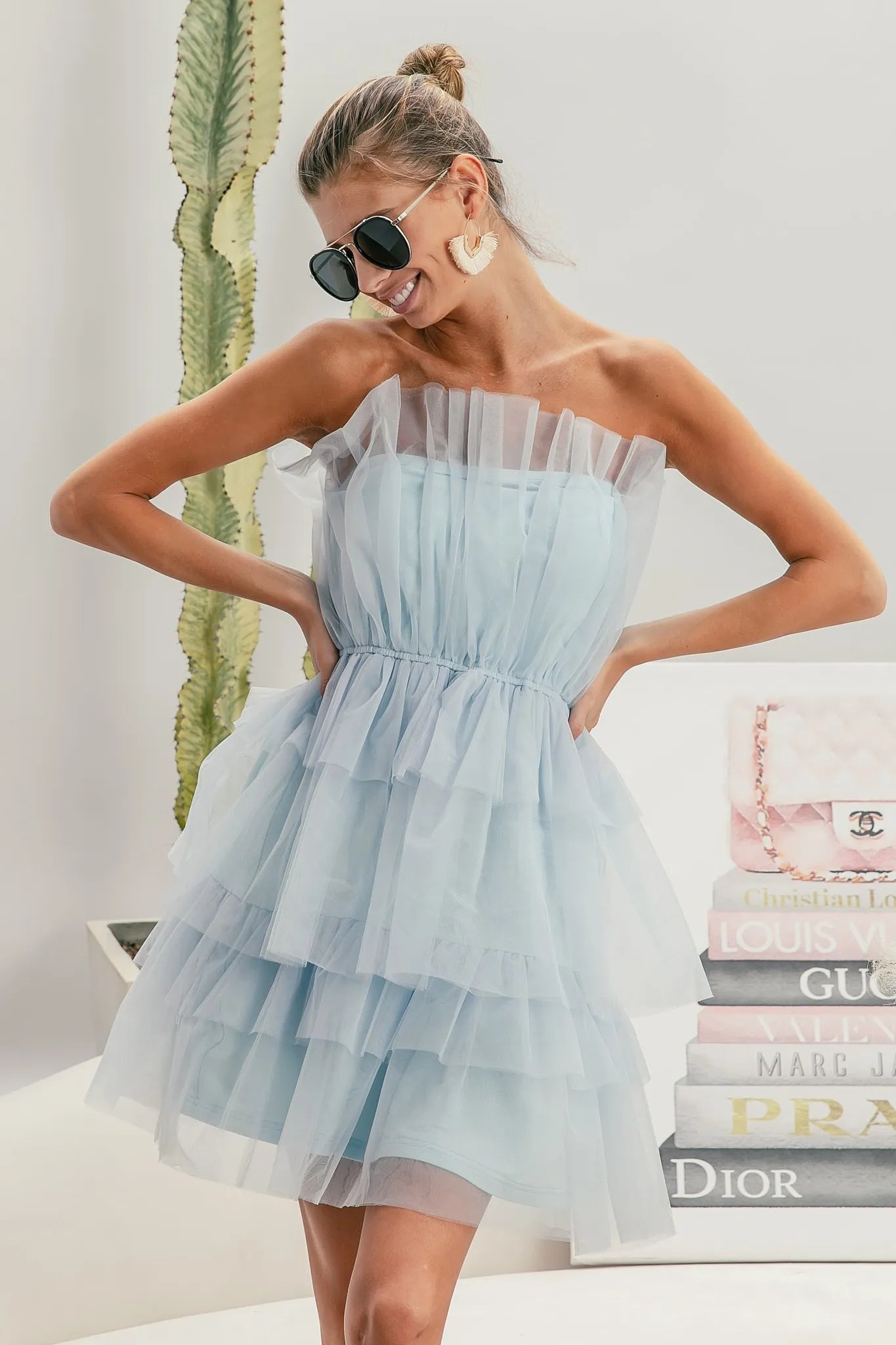 Sleeveless Layered Organza Dress in Sky Blue - product view 10