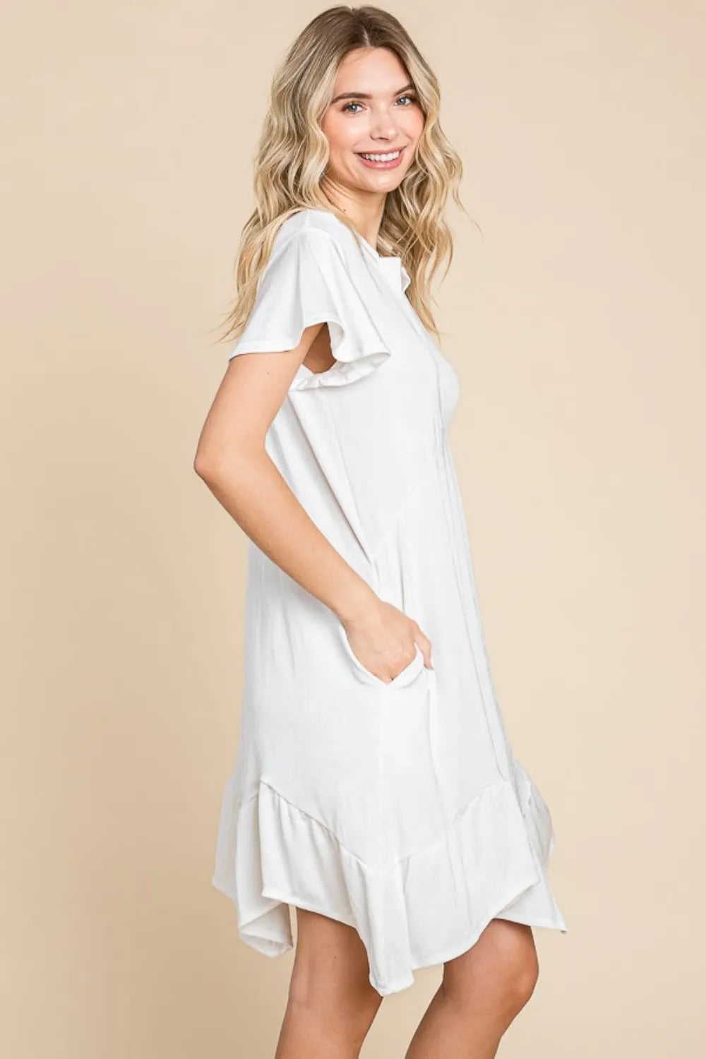 Full Size Short Sleeve Ruffled Asymmetric Hem Dress - Soft White - product view 3