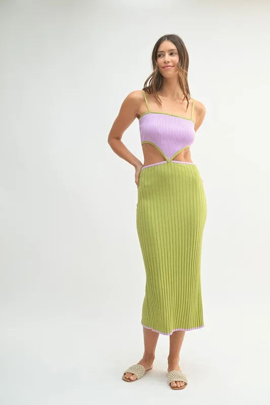 Ribbed Knit Color Block Cutout Midi Dress - Lime - product view 3
