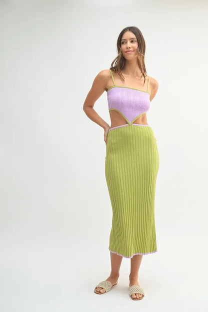 Ribbed Knit Color Block Cutout Midi Dress - Lime - product view 3