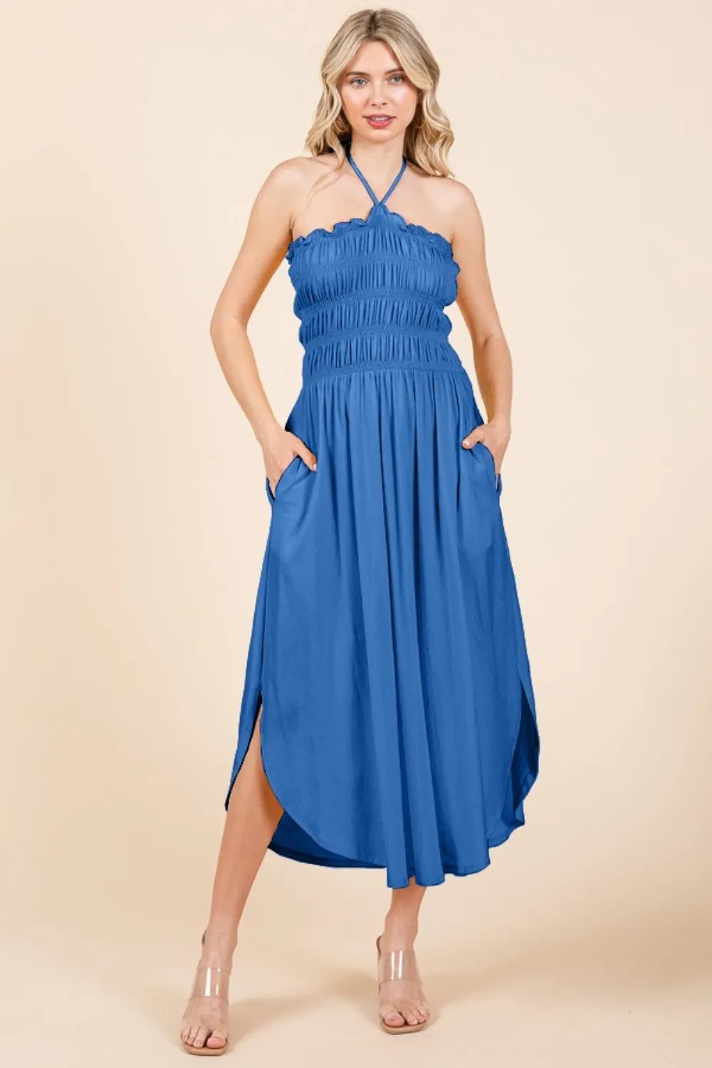 Tie Back Shirring Dress with Pockets - Blue - product view 1