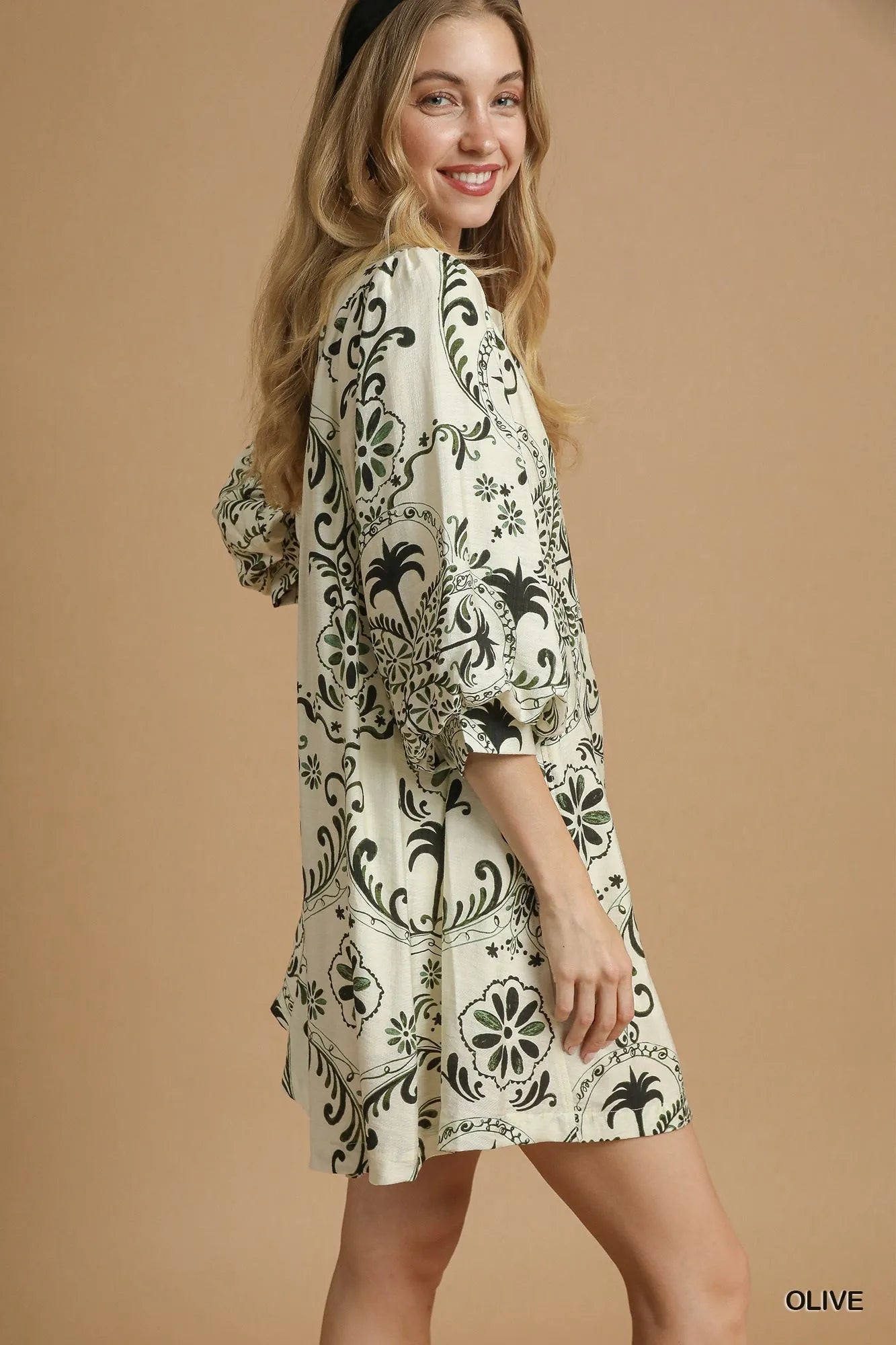 Boho Printed Balloon Sleeve Mini Dress - Olive - product view 4