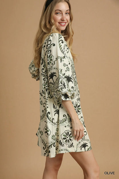 Boho Printed Balloon Sleeve Mini Dress - Olive - product view 4