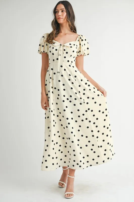 Polka Dot Puff Sleeve Midi Dress - Cream - product view 1