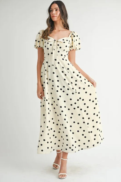 Polka Dot Puff Sleeve Midi Dress - Cream - product view 1