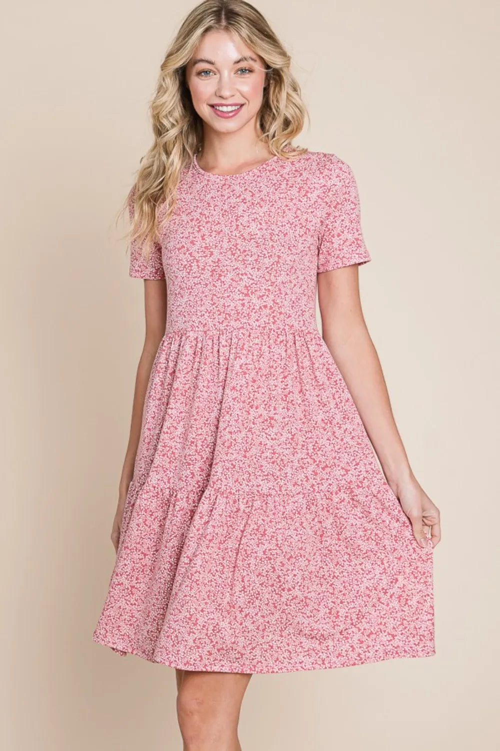 Printed Short Sleeve Mini Dress in Marsala - product view 1