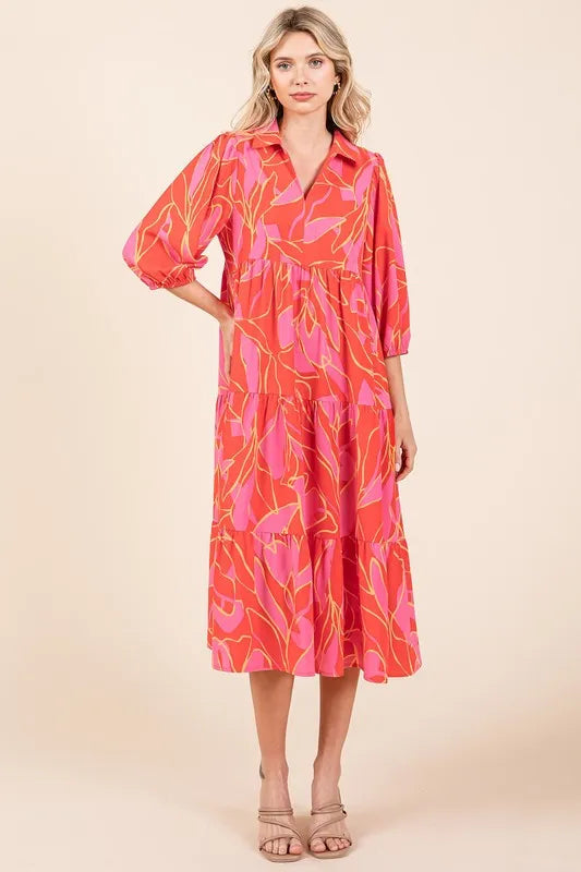 Tiered Printed Collared Neck Midi Dress in Coral - product view 5