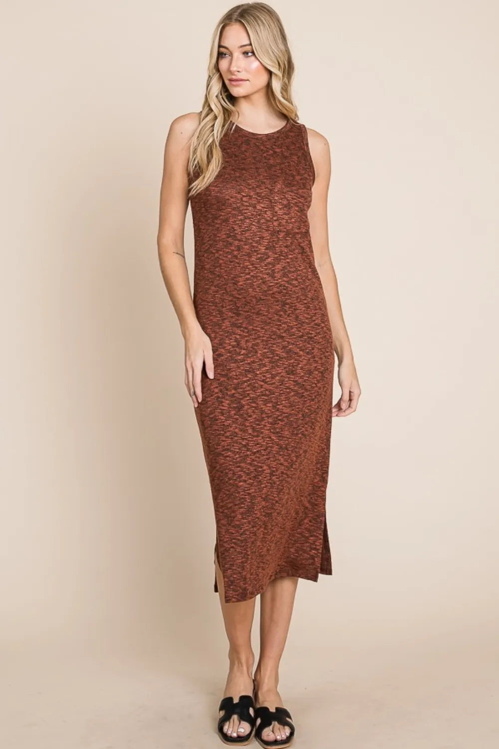Slit Round Neck Sleeveless Midi Dress in Rust - product view 3