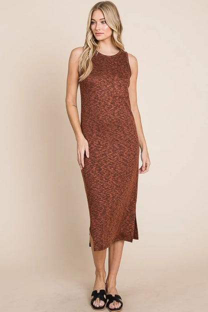Slit Round Neck Sleeveless Midi Dress in Rust - product view 3