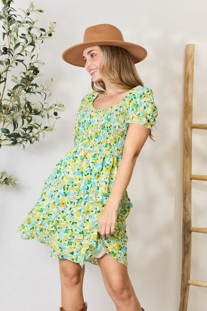 Smocked Scoop Neck Flounce Sleeve Mini Dress in Yellow - product view 2