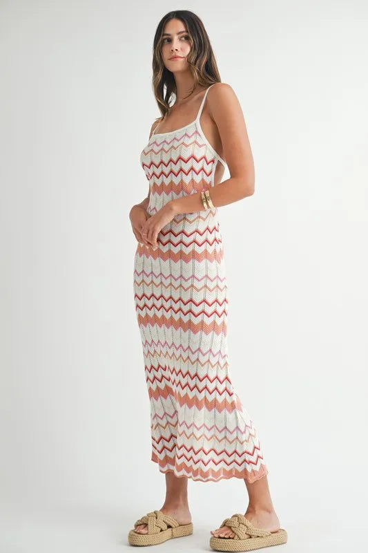 Lightweight Pointelle Chevron Knit Maxi Dress - Salmon - product view 7