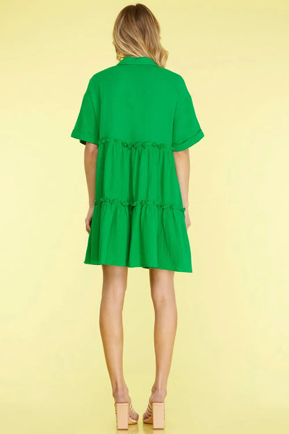 Full Size Button Front Frill Tiered Mini Dress Plus Size - Green - product view 2
