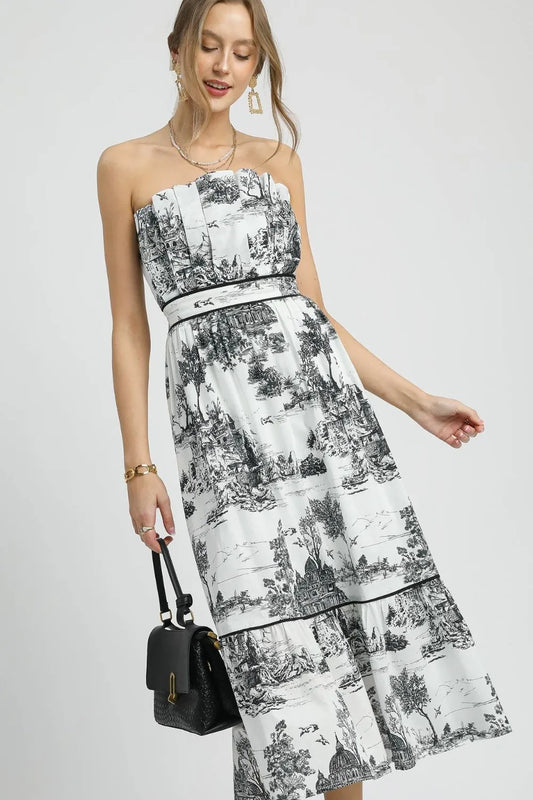Printed Tiered Tube Midi Dress in Black - product view 2