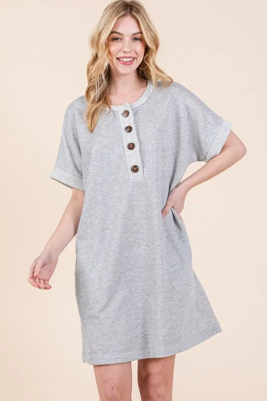 Casual Contrast Trim Henley Dress - Grey - product view 5